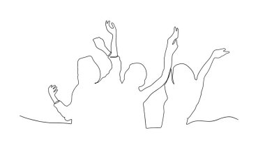 Neşeli bir kalabalık alkış için tezahürat yapıyor. Hayranları mutlu insanlar. Parti disko konser sporu. Siluet vektör çizimi. Üç mutlu takım üyesinin kesintisiz çizgisi. Bir sürekli beraberlik.