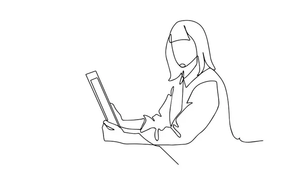 Mobil dijital tablet bilgisayar kullanan ve beyaz arka planda izole edilmiş kişisel not defteri üzerine çalışma planı yazan profesyonel bir iş kadınının sürekli çizimi. Sosyal görevli. — Stok Vektör