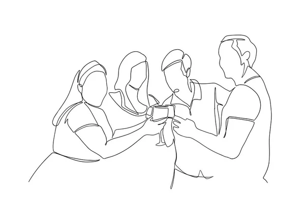 Dibujo continuo de línea de compañía de amigos celebrando.. Dibujo continuo de una línea, vector de personas grupales animando con copas de vino o champán. Hombre y mujer en la fiesta de celebración — Vector de stock