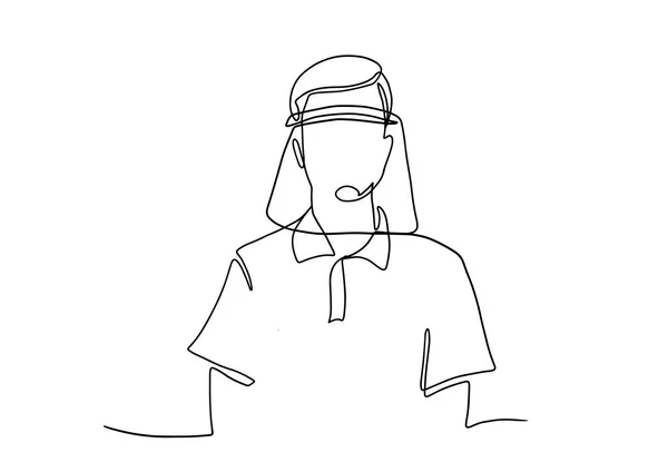 Медицинский щит для лица. Векторная иллюстрация. Рисунок человека в защитной маске. Коронавирус. Ковид-19. Одна линейная векторная иллюстрация. Вектор. — стоковый вектор