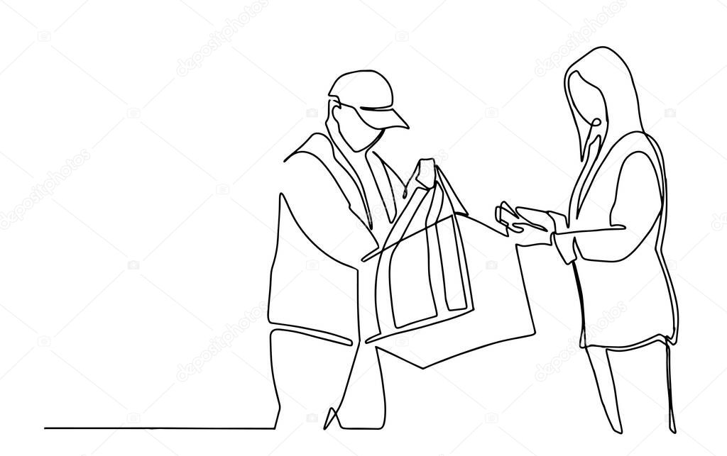 Continuous line art or One Line Drawing of delivery man standing with parcel post. Continuous line man the courier passes the client to the woman a box. The concept of delivery service