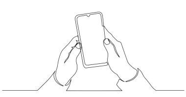 Smartphone 'u sürekli elinde tutan bir satır. Cep telefonunu el vektörüne çizmeye devam ediyor. Basit tasarımı olan akıllı telefon nesnesi minimalist tasarım çizimi