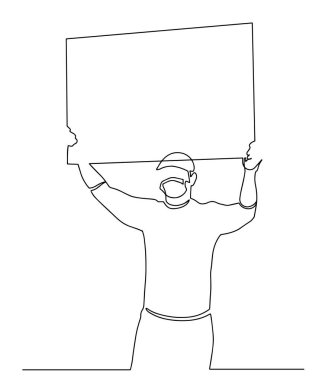 Bir protestocunun kesintisiz çizimi. Gösteride ayakta duran bir adam sesini emmek için boş bir kağıt rulo tutuyor. Eylemciler boş tabela karakteriyle protesto ediyorlar. Vektör illüstrasyonu