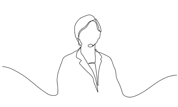 Un dessin vectoriel linéaire du médecin de l'hôpital debout. Dessin en ligne vectoriel continu du médecin féminin — Image vectorielle