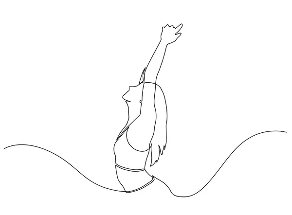 Continue lijntekening van een gelukkige vrouw die haar handen opsteekt. Continue lijn kunst of een lijn tekening van een vrouw stretching armen ontspannen beeld vector illustratie. concept van vrijheid. Mooie vrouw. — Stockvector