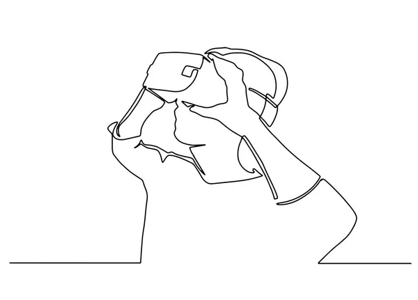 Dessin continu d'une ligne Homme portant des lunettes de dispositif de réalité virtuelle. une ligne dessin continu L'homme dans les lunettes dispositif réalité virtuelle. Contour du pinceau. Dessin d'art pinceau contour encre — Image vectorielle