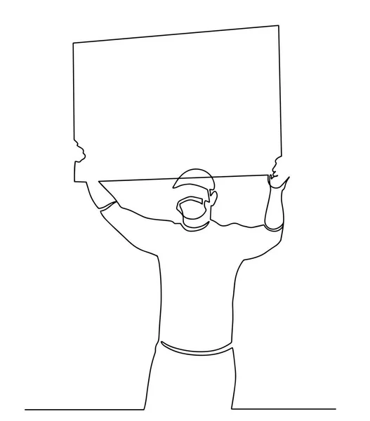 Una línea continua de un manifestante. Un hombre de pie en una manifestación sosteniendo un rollo de papel en blanco para aspirar su voz. Activistas protestan con carácter de letrero en blanco. Ilustración vectorial — Archivo Imágenes Vectoriales