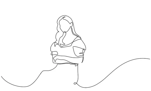 Elbiseli bir kadının silueti beyaz izole arkaplana bir çizgi çiziyor. Vektör çizimi. Elbise giymiş mutlu bir kadının durmaksızın çizdiği çizgi. — Stok Vektör