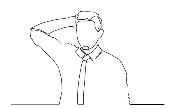 ビジネスマンは頭痛片頭痛発熱に苦しんでいる。人は頭を持ち、額を手で握っている。手描きベクトルイラスト。頭の後ろに手があるシャツの男 — ストックベクタ
