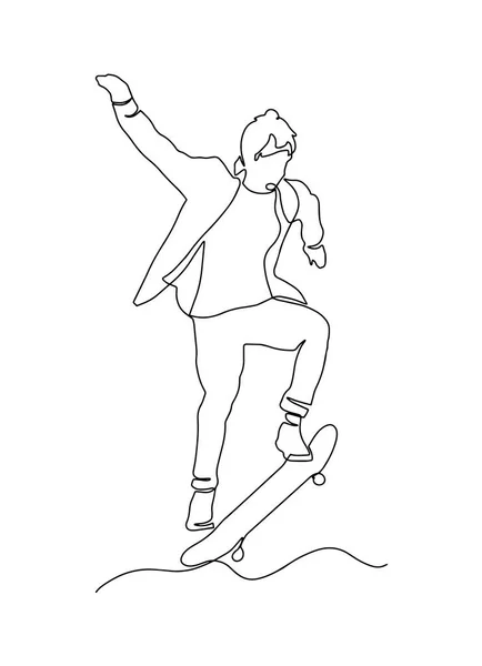 Linea continua, disegno di un adolescente che cavalca uno skateboard. Disegnato a mano semplice, illustrazione vettoriale. Un disegno linea continua di giovane uomo skateboarder fresco. Yang uomo uno skateboard. — Vettoriale Stock