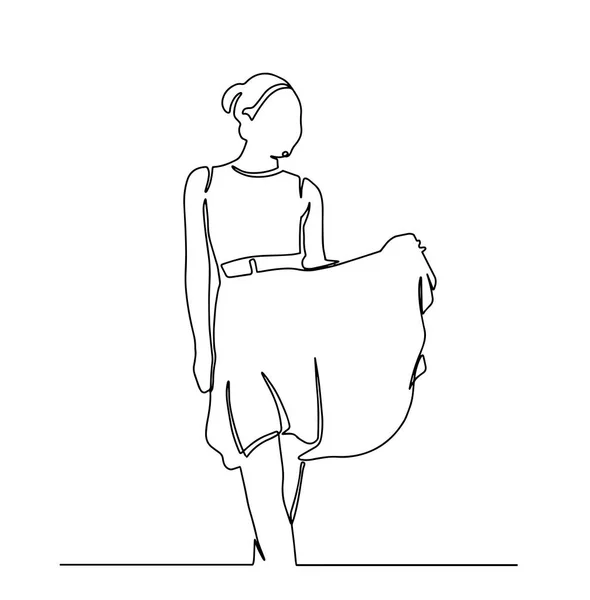 La silueta de la mujer en el vestido el dibujo de una línea sobre el fondo blanco aislado. Ilustración vectorial. línea continua dibujo de la mujer feliz posando en vestido — Vector de stock