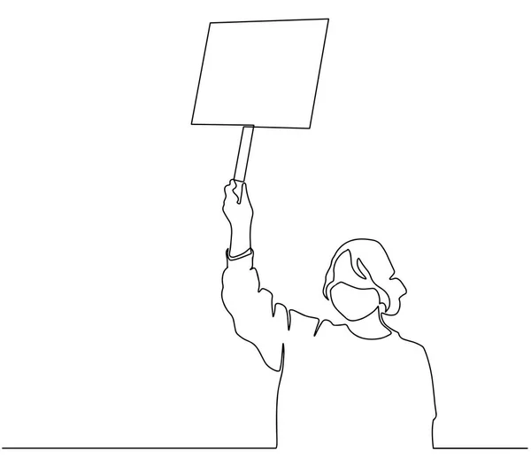 Kontinuierliche Linienzeichnung einer stehenden Frau mit leerem Plakat. Eine ununterbrochene Zeilenkunst einer jungen Frau mit Hut, die mit einem leeren Plakat über ihrem Kopf steht. Schwarze Vektorumrisse eines Protests lizenzfreie Stockvektoren