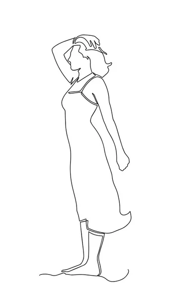 Silhouette einer Frau in einem Kleid eine Linie Zeichnung auf weißem Hintergrund isoliert. Vektorillustration. durchgehende Linienzeichnung einer glücklichen Frau, die im Kleid posiert lizenzfreie Stockillustrationen