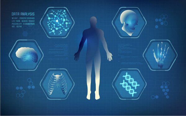 abstract technological health care; digital blueprint of human; 3D body part of human