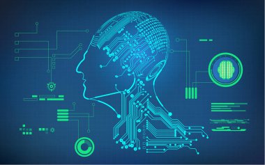 Yapay Zeka 'nın planı. İcat, elektronik robot beyin diyagramı; elektronik tahta stilinde cyborg