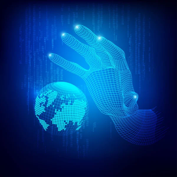 Wireframe Hand Reaching Wireframe Global Концепция Коммуникационных Технологий — стоковый вектор