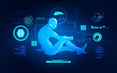 Bilim kurgu robot düşünme kavramı; sağlık analizinin fütüristik arayüzü; insan vücudunun dijital planı; insan vücudunun 3D parçası