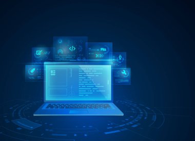 Web geliştirme teknolojisi konsepti, dijital fütüristik elementli bilgisayar defteri grafiği