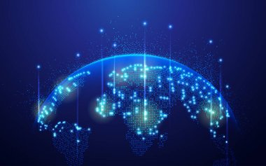 İletişim teknolojisi veya küresel ağ konsepti, fütürist unsurlu noktalı dünya haritası grafiği