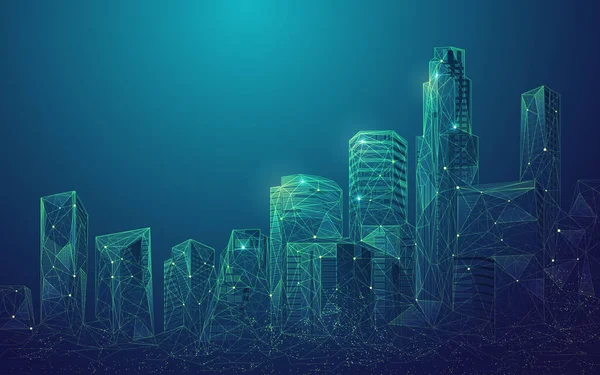 Dijital şehir ya da akıllı şehir konsepti, gelecekteki elementi olan çokgen binaların grafiği