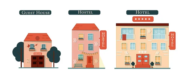 Set Hotell Pensionat Vandrarhem Vektor Illustration För Hotell Resor Turism — Stock vektor