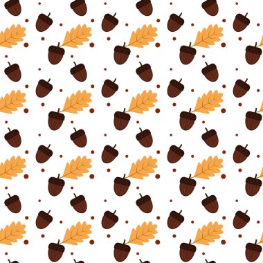 Sonbahar yaprakları ve beyaz arka planda meşe palamudu ile kusursuz desen