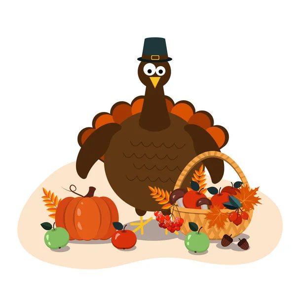Иллюстрация к Дню Благодарения с изображением Турции и осеннего урожая, тыквы, корзины с ягодами, листьями, грибами, яблоками, орехами. — стоковый вектор