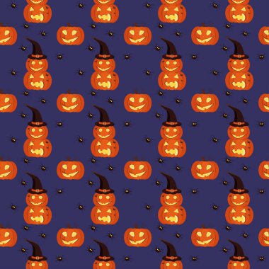 Kusursuz desen. Cadılar Bayramı elementleri balkabakları ve mor arka planda örümcek