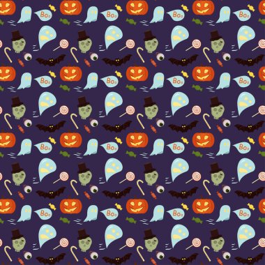 Kusursuz desen. Cadılar Bayramı elementleri Hayalet, balkabağı, şeker, mor arka planda zombiler