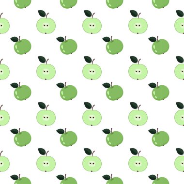 Beyaz zemin üzerinde pürüzsüz desensiz yeşil elmalar ve elma yarıları