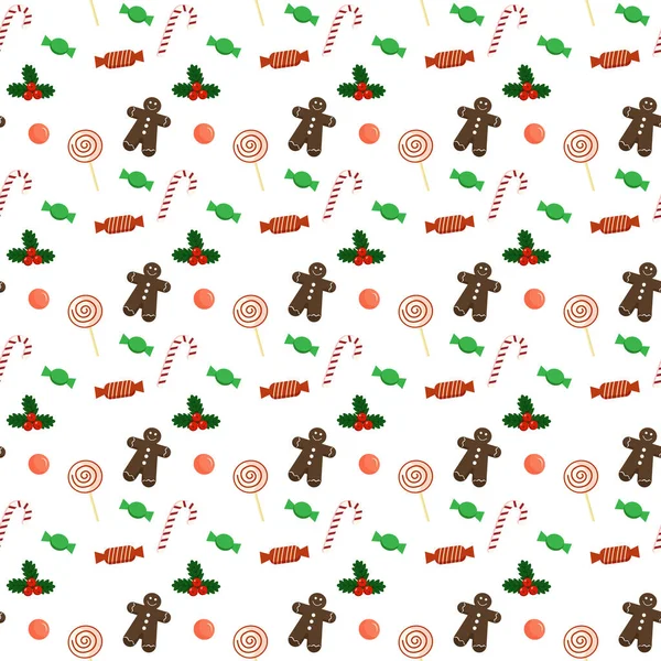 Sömlös mönster med julen element-cookie man och sötsaker på vit bakgrund — Stockfoto