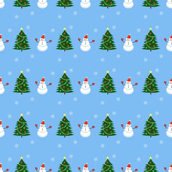 Płynny wzór z elementami świątecznymi na niebieskim tle bałwana, płatki śniegu, choinka — Zdjęcie stockowe