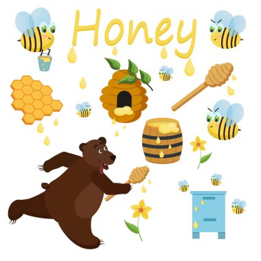 Elementler dizisi - bal, ayı, arı, arı kovanı. Vektör grafikleri.