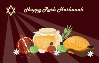 Tebrik kartı, pankart, arkaplan, mutlu Rosh Hashanah, nar, elma, pasta, bal, yıldız, shofar resmi. Vektör grafikleri