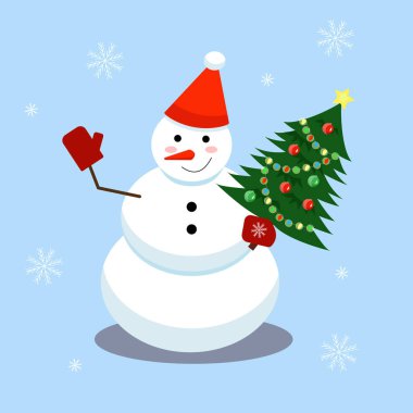 Kardan adam elinde bir Noel ağacı taşıyor. Vektör grafikleri
