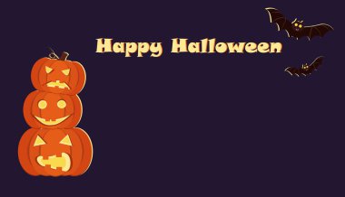 Cadılar Bayramı şablonu posteri, afiş. Kabak, örümcek, ağ gibi elementlerle mor arkaplan. Vektör grafikleri