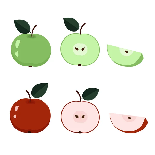 Jablka zelená a červená. Celé jablko, půl, čtvrt. Izolované na bílém pozadí. Vektorová grafika — Stockový vektor