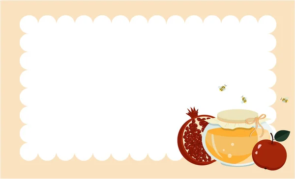 Banner, Rahmen, Hintergrund für das Feiertagsrosch Haschana mit Honig, Granatäpfeln, Äpfeln — Stockvektor