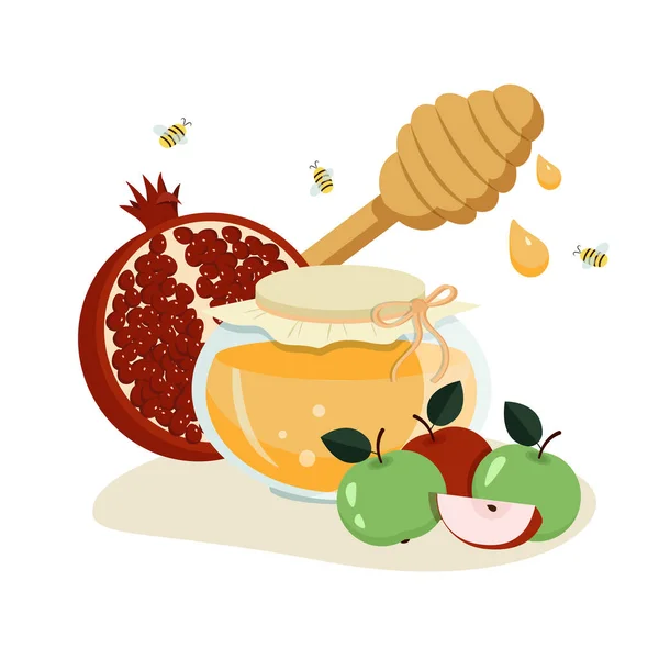 Granada, miel, abejas, manzanas-elementos de Rosh Hashaná. Gráficos vectoriales — Archivo Imágenes Vectoriales