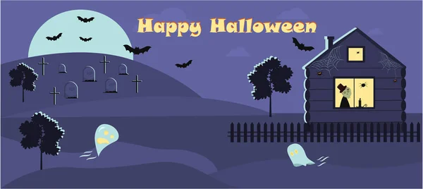 Baner, tło, ilustracja - Szczęśliwego halloween, Noc, księżyc, nietoperze, cmentarz, nawiedzony dom. Grafika wektorowa — Wektor stockowy