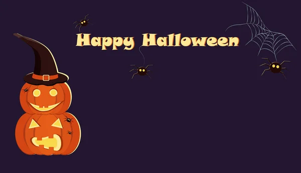 Plakat z szablonem Halloween, sztandar. Fioletowe tło z elementami - dynia, pająk, pajęczyna. Grafika wektorowa — Wektor stockowy