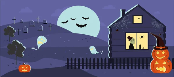 Baner, tło, ilustracja - Szczęśliwego halloween, Noc, księżyc, nietoperze, cmentarz, nawiedzony dom. Grafika wektorowa — Wektor stockowy