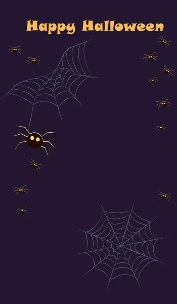 Plantilla de cartel de Halloween, volante, fondo púrpura con elementos araña, tela. Gráficos vectores. vertical, pantalla de salpicadura — Vector de stock