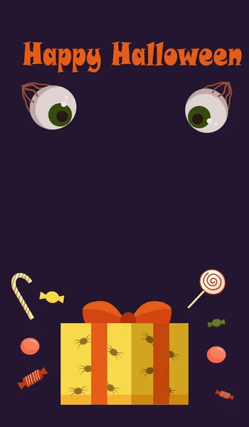 Plakat szablon Halloween, ulotka, fioletowe tło z elementami -creepy, oczy, prezent, cukierki. Grafika wektorowa. pionowy, rozprysk ekranu — Wektor stockowy