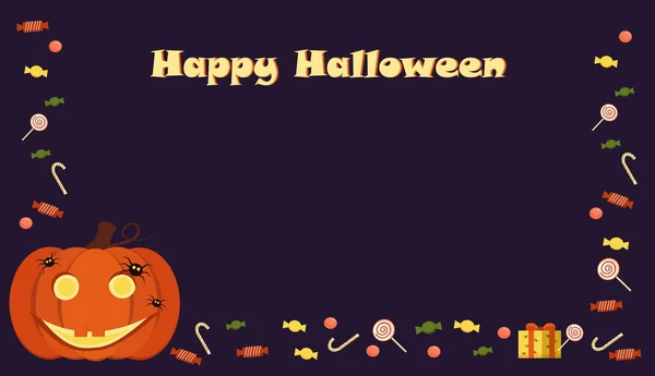 Cartel de plantilla de Halloween, banner. Fondo púrpura con elementos - calabazas, dulces. Gráficos vectoriales — Archivo Imágenes Vectoriales