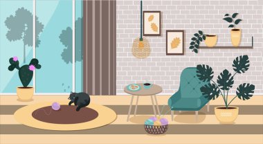 Oturma odasının içinde. Penceresi, koltuğu, minderleri, çiçekleri, masası, mumu ve uyuyan kedisi olan rahat bir oda tasarımı. Vektör