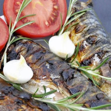 Domates ve soğan ile beyaz bir tabak ızgara balık