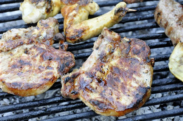 Finom Sokféle Húst Barbecue Grill Char Szénnel Grillezés Weber Típusú — Stock Fotó