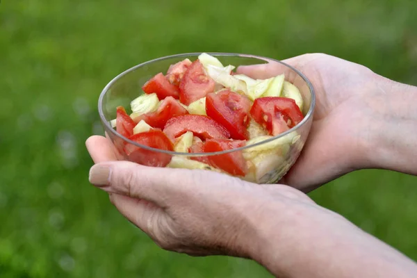 Teller in Frauenhand mit Gurke und Tomatensalat auf verschwommenem — Stockfoto