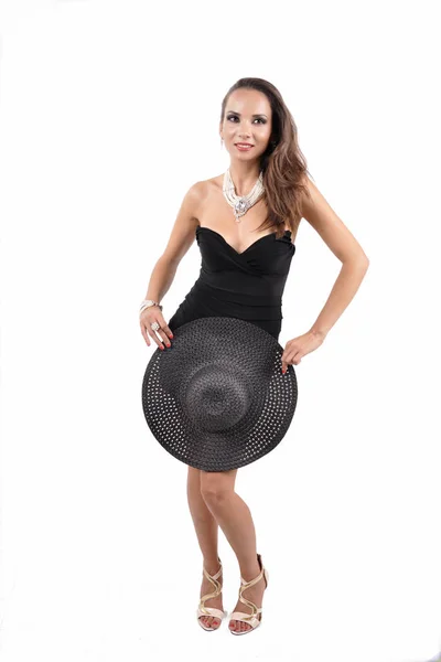 Atrakcyjna Kobieta Ubrana Czarną Sukienkę Kapelusz Perły — Zdjęcie stockowe